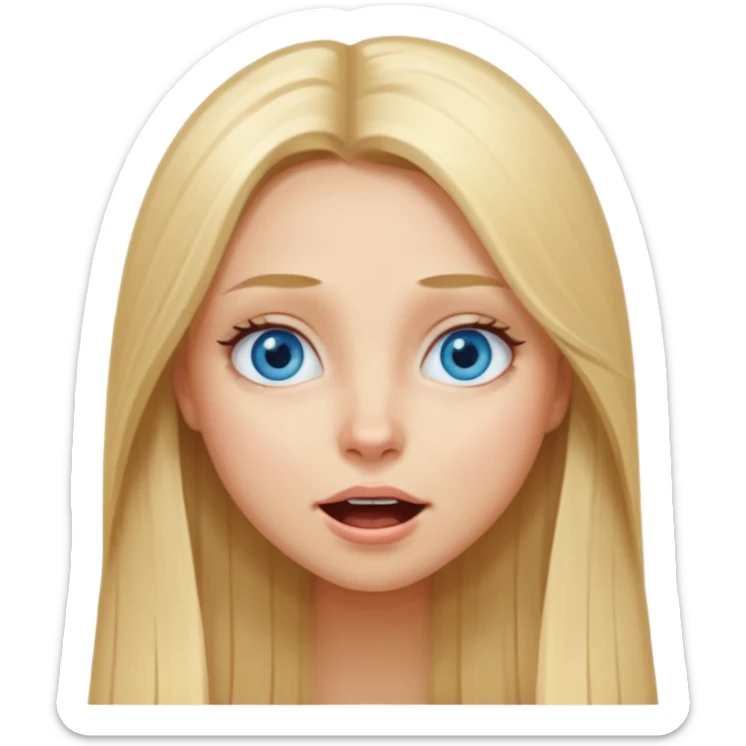 A girl that has long blond hair, straight. Blue eyes. And she does like a silly face  sticker