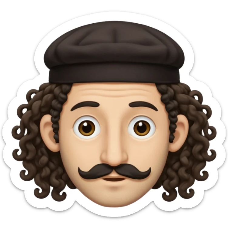 jewish jew man's face, wearing a tiny black kippah and 2 curly long hair strands near the ears, big nose, only face, no body, no mustache sticker