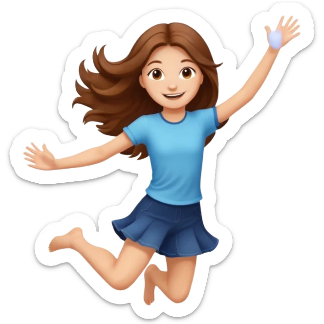 Girl with long brown hair happy jumping in the air with sunbeams in the background  sticker