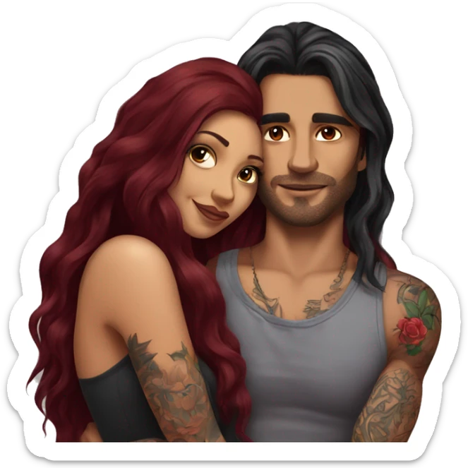 Beautiful tattooed burgundy long haired woman laying on her boyfriends chest sticker