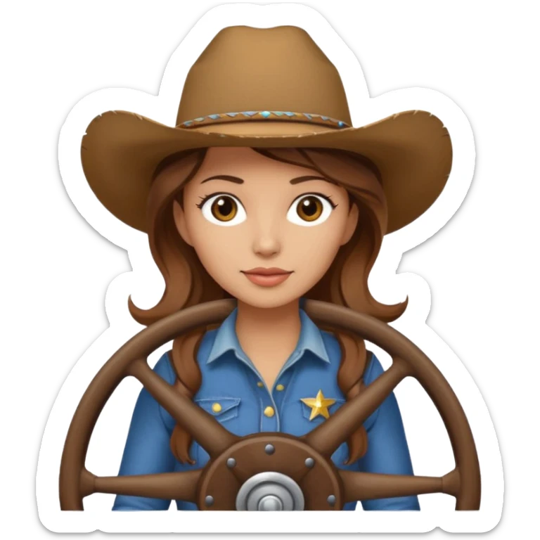 ["Light-skinned cowgirl, brown hair, wearing a cowboy hat, holding the wheel."] sticker