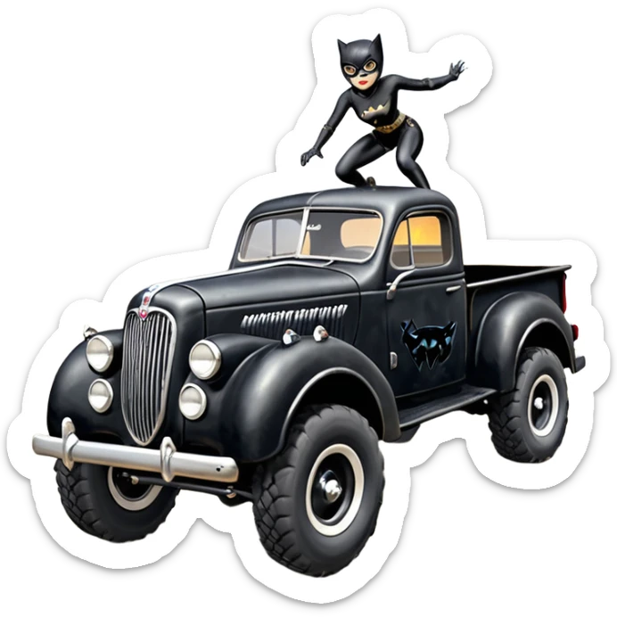 1:10 off-road lcg burning ramp-jumping Basher Wednesday Adam’s CatWoman’s 1954 blackened tarnished hotrod ford jaguar rc pickup (extra wide low-profile rock climbing tires without fenders) sticker