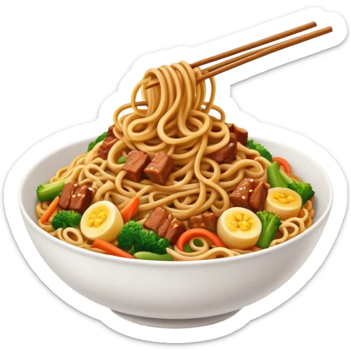 Cinematic Realistic Mie Goreng Dish Emoji, featuring stir‚Äêfried noodles with vegetables and meat rendered with dynamic textures and warm, appetizing lighting. sticker