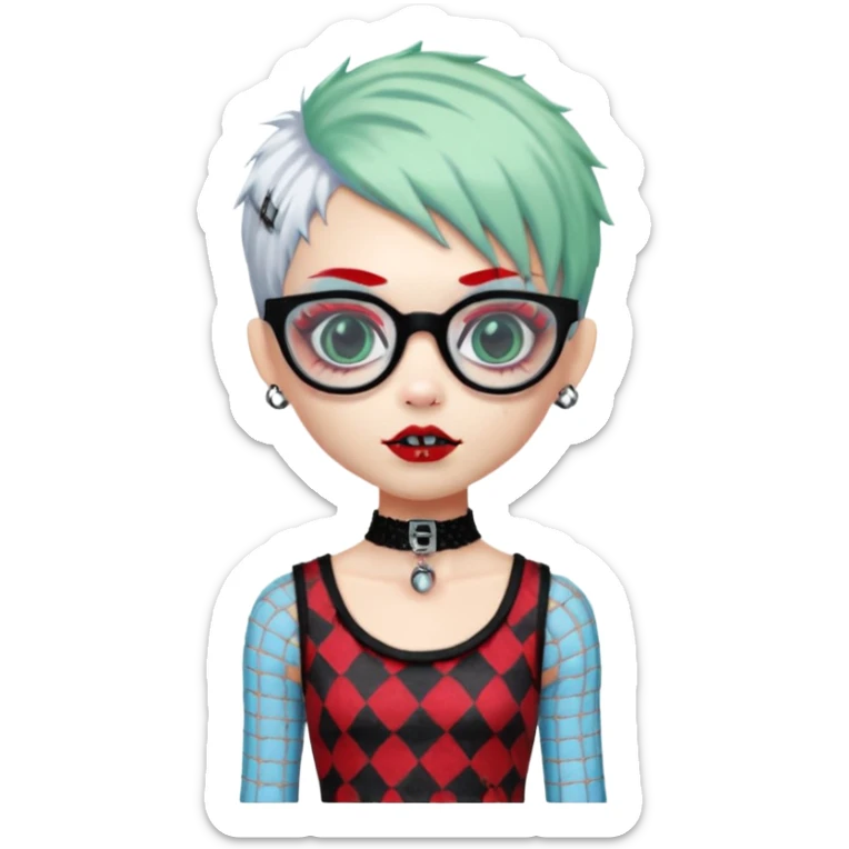 White hair, Ghoulia yelps monster high doll in scene/emo style cherry print dress with fishnet sleeves, clothes, thin, small, red, rectangle glasses, pale white-blue skin, pale-green shaggy pixie-cut , zombie scars , boy, punk choker sticker