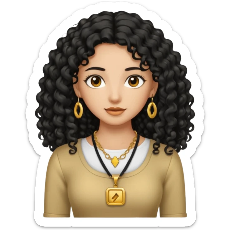 A tan girl with long black  curly hair, a gold necklace, and a square neckline shirt sticker