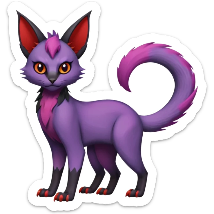 Black edgy Noivern-Noibat-Purloin-Torracat-Lykoi-Caracal-cat-Fakemon-fusion-hybrid-creature with violet and red scale markings sticker