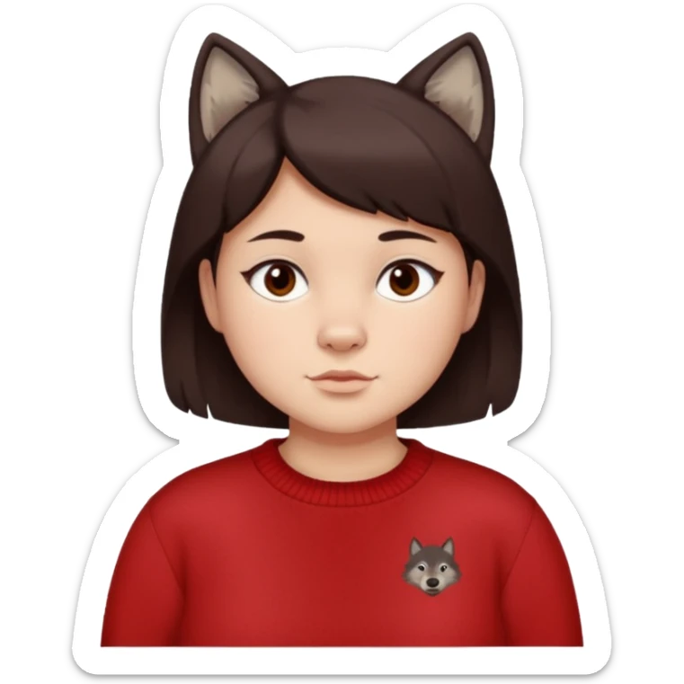 make a girl that has a boyish wolf cut thats right above the shoulders, give her a red sweater that says “ About you, the 1975 “ and make her face just right chubby but slso not too chubby. ( make it a white background and make the hair dark brown and also the eyes dark brown ) sticker
