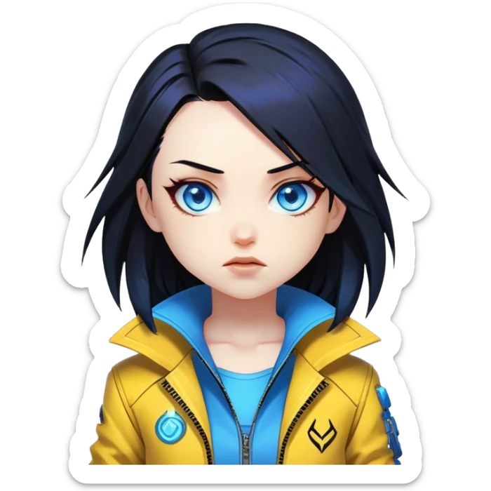 Long Black hair cyberpunk 2077 chibi girl with blazing blue eyes and yellow jacket from the animation show cyberpunk edge runners. All emotion reactions sticker