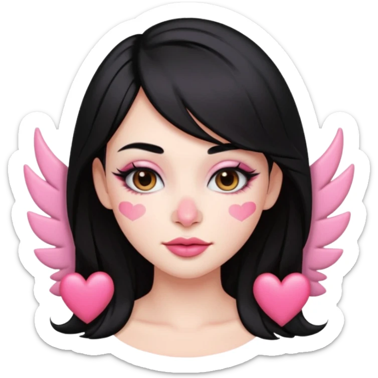 “Emoji girl, pastel pink streaks in black hair hair, bold winged eyeliner, heavy blush on cheeks and nose bridge, under-eye hearts, glossy pink lips, playful smirk.” sticker