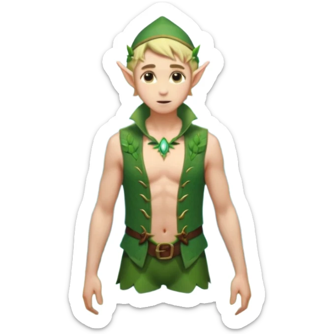 elf male wading in shallow tide pool, palm emitting soft green light to heal glowing coral, practical open vest over bare chest, determined gaze, pointy ears, vibrant underwater plants, centered emoji, nature guardian summer sticker