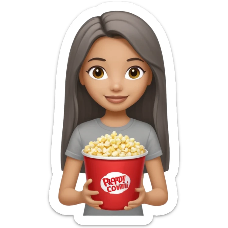 a pretty bratz dusky girl with long straight hair with popcorn nd wearing a grey tshirt sticker