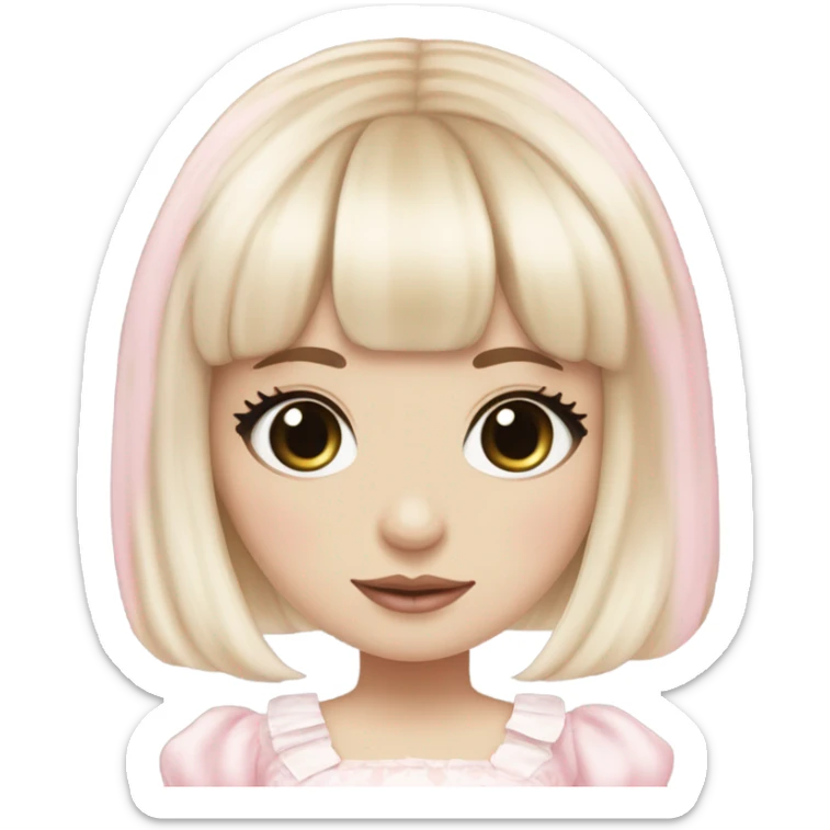 pale girl , who has straight hair blonde and baby pink swirled hair with bangs , grey eyes , and doll like makeup , in a light pink lolita hime gyaru dress  sticker