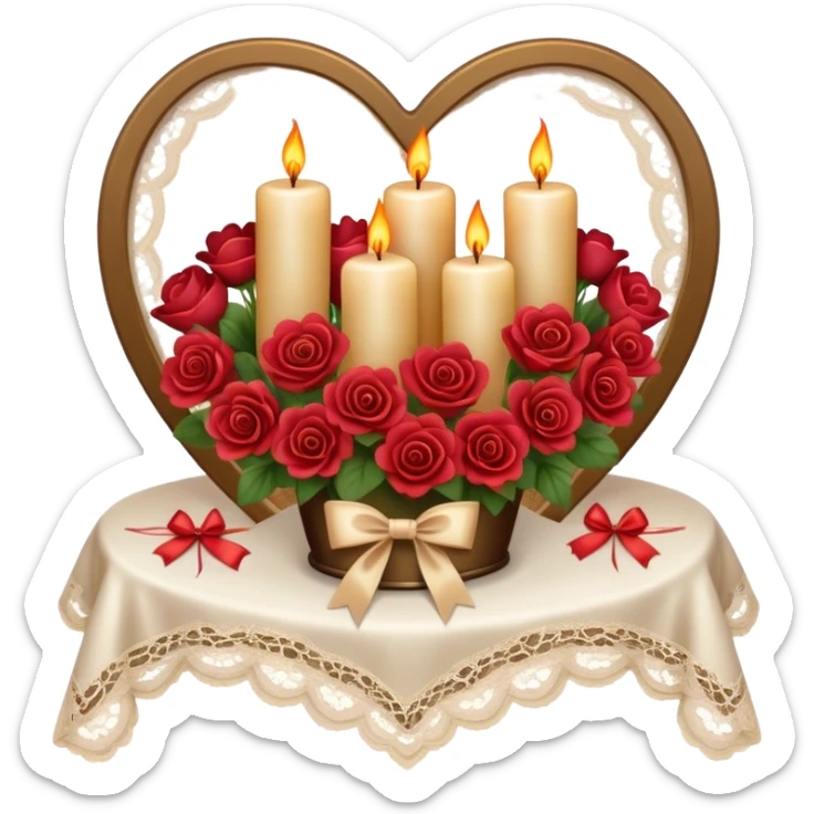 A luxurious evening setting featuring heart-shaped candles, a bouquet of warm-toned flowers, and a silk bow draped over a lace tablecloth.
 sticker