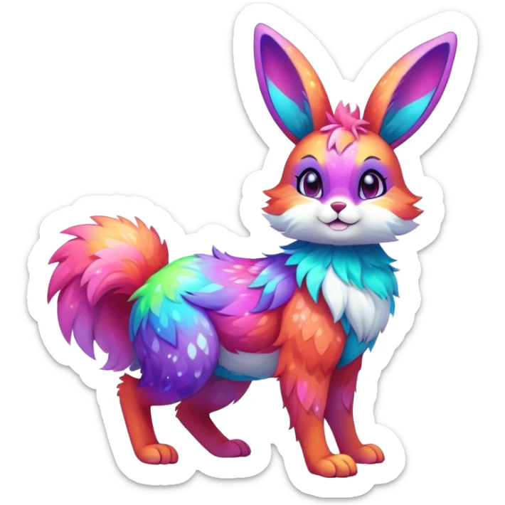 Vibrant multicolored neon-colored Falvie-Fionbri-creature-sparkle-bunny-hybrid-fursona, full body, fur pattern-markings sticker