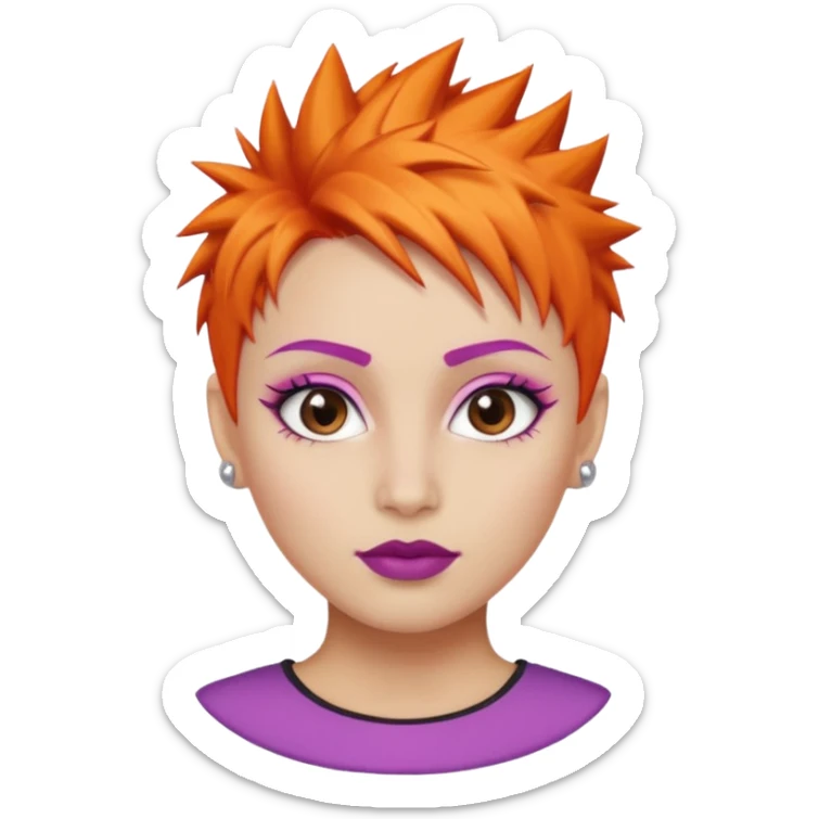 A person emoji with light skin, short spiky orange hair swept to one side, matching pink eyebrows, brown eyes, an oval-shaped face, a small nose, and dark lipstick. sticker