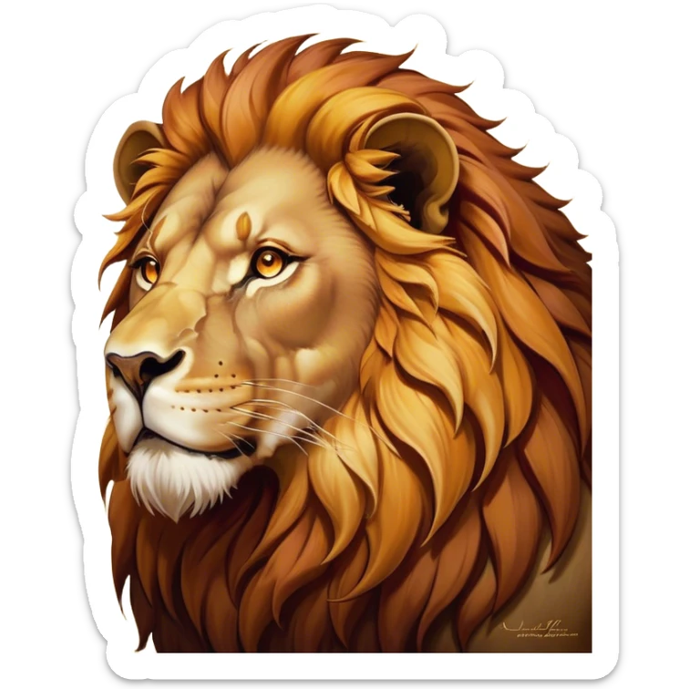Cinematic Noble Lion Portrait Emoji, Poised and regal, with a powerful, muscular build and a majestic, tawny mane, deep-set soulful amber eyes, Simplified yet sharp and sophisticated features, highly detailed, glowing with a warm, dignified glow, high shine, intelligent and fierce, stylized with an air of wild majesty, focused and attentive, soft glowing outline, capturing the essence of a watchful and confident king, so majestic it feels as though it could roar out of the screen with effortless authority! sticker