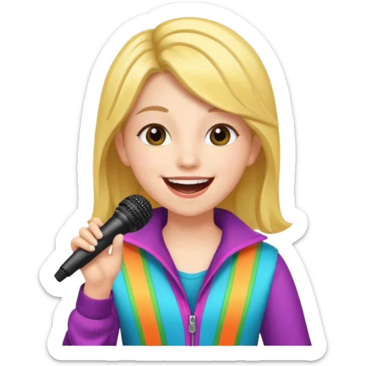 A cheerful teen singer with colorful outfit, performing with big smile. sticker
