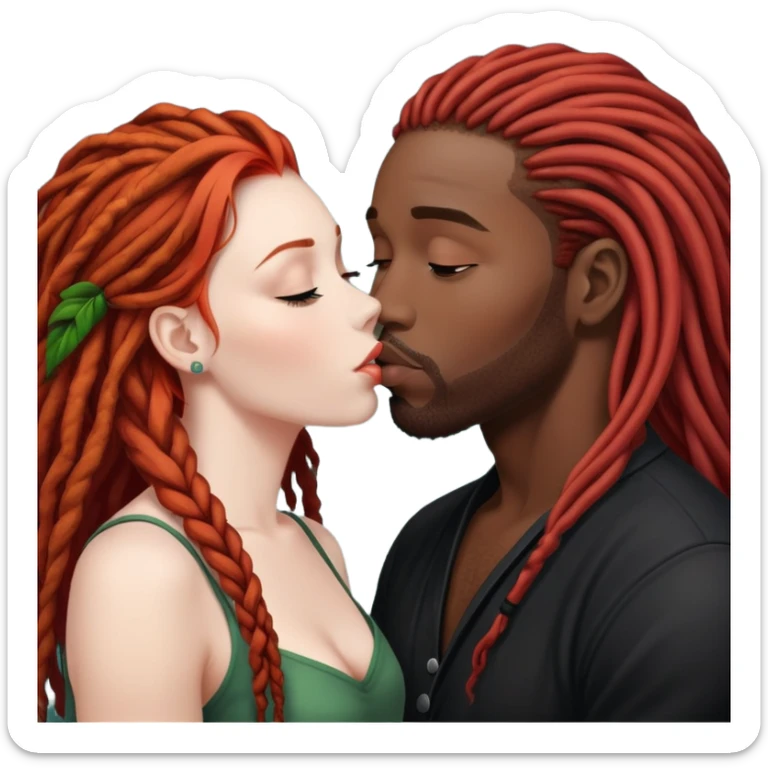 Mulher ruiva, pele branca, beijando um homem negro, com dreads nos cabelos sticker