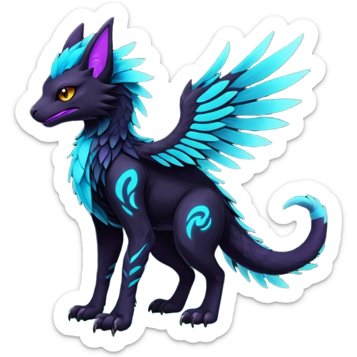 Black Dark Exotic Black, Cyan, Purple, Beaked Feathery Nocturnal Neon-glowing Abyssal Nightly Abyss-Cat-Gryphon-Salandit-Nargacuga-Silvally-Vernid-Sergal-Fakémon-Hybrid-Creature (full body) sticker