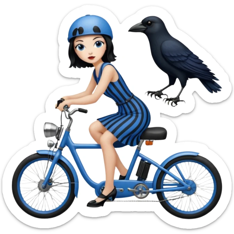 1920s coal hair hotrod Silkstone Marie Antoinette Morticia Addams Barbie Wednesday Addams from academy in a blue and black vertically-striped classic dress. riding matte black hot rod electric bikes with crows sticker