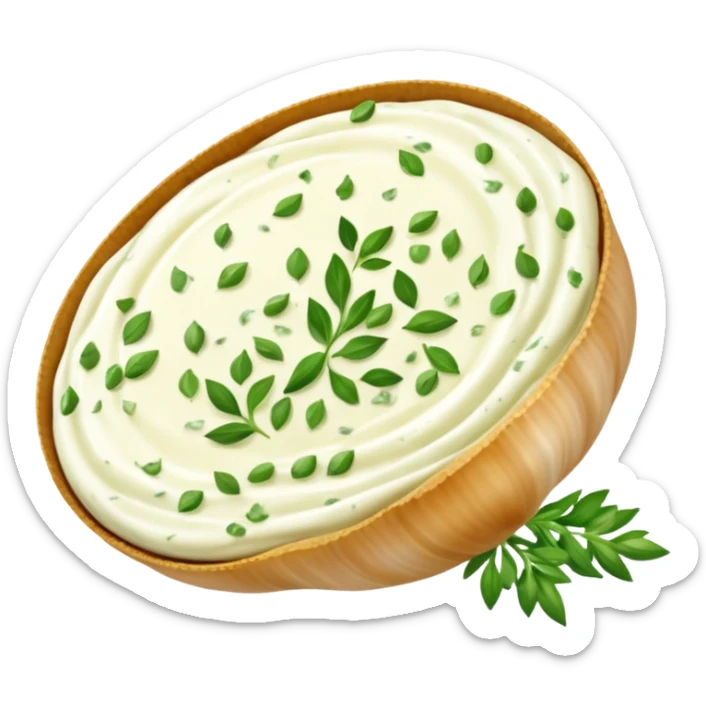 realistic garlic and herb cream cheese thick dollop or swirl white green herb flecks garlic bits smooth glossy visible flecks optional ramekin no bread vegetables garnish or faces clean 3D soft lighting transparent background emoji scale sticker