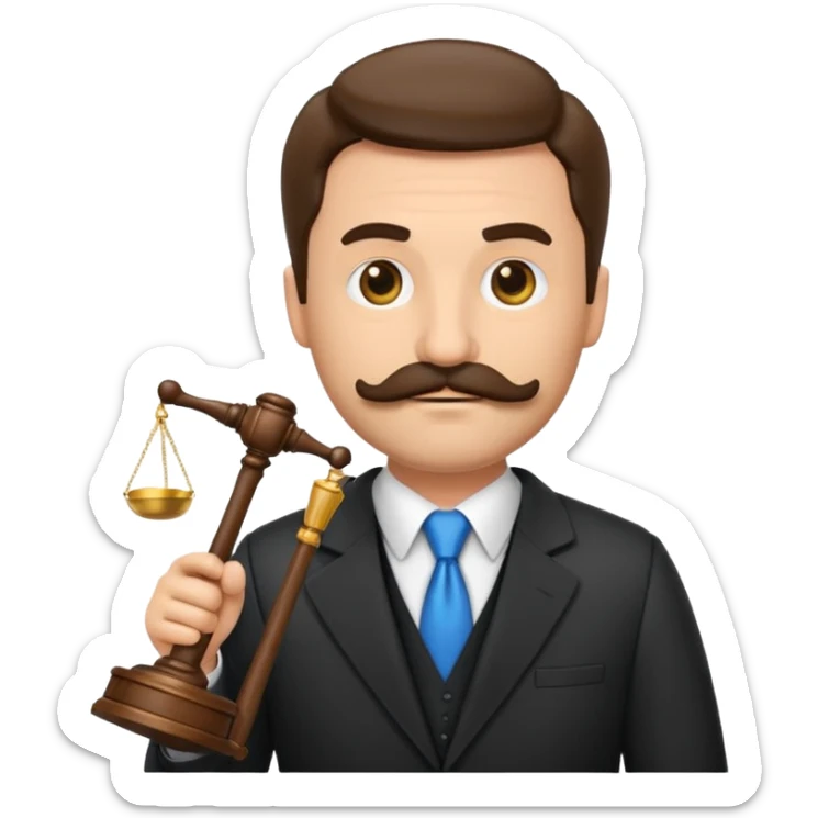 “Create a clean, modern emoji-style illustration of a male lawyer. He is wearing a formal suit jacket. He is holding a judge’s gavel in one hand and has a law book tucked under his arm. He has a mustache and a short beard, and sticker