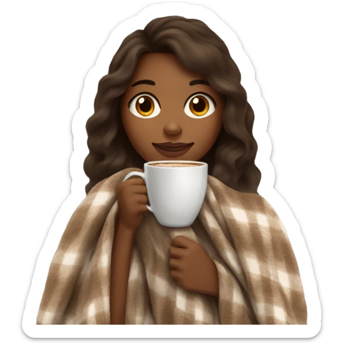 Brown skin Brown hair Girl drinking coffee, with a cozy blanket sticker