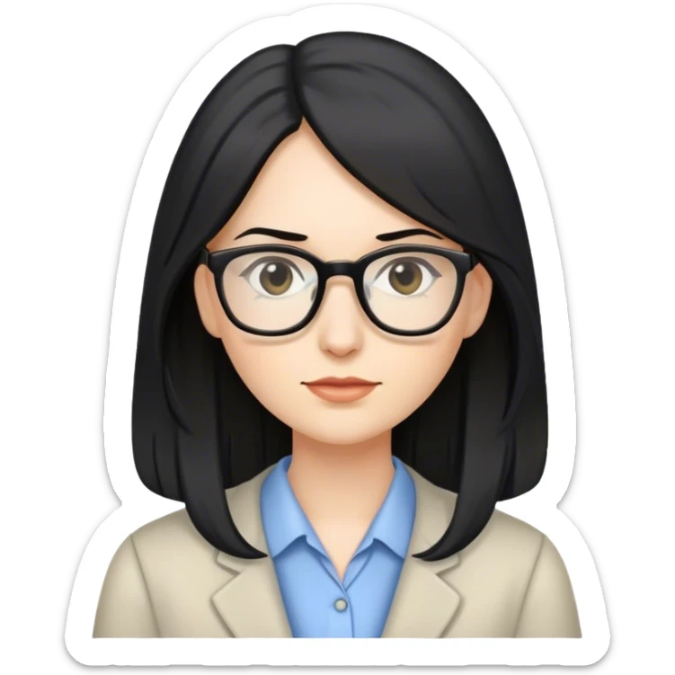 pale female teacher with long black hair, wearing glasses sticker