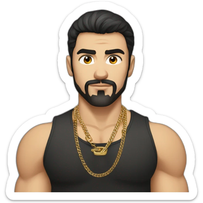 Russian muscular thug man aged 26 wearing gold chain with black hair and short beard sticker