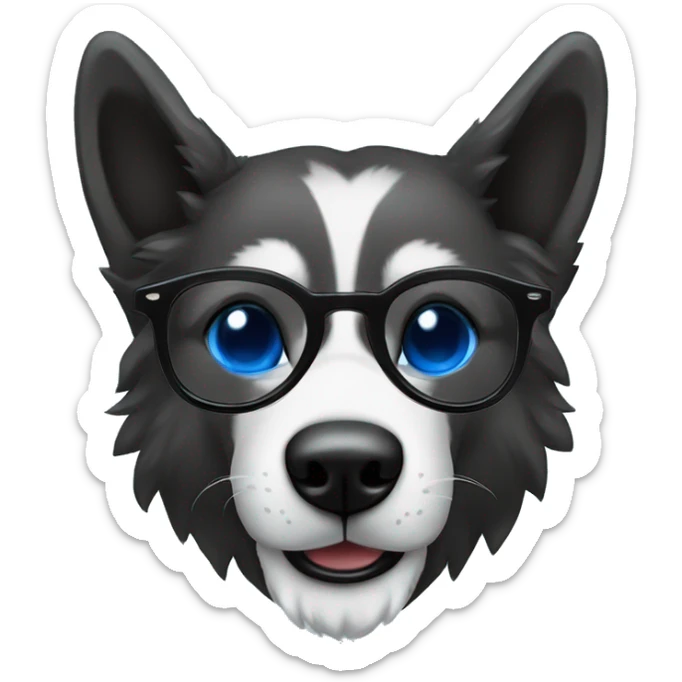 Lobo siberiano negro con blanco con un ojo azul y uno café con heterocromia riendo con gafas  sticker