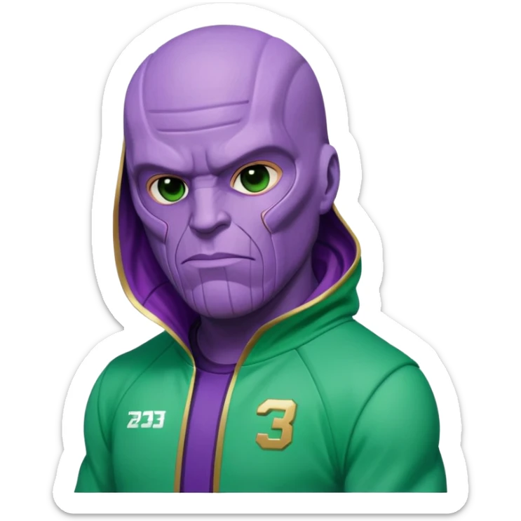 purple-skinned Thanos wearing a green Squid Game player tracksuit with number 230 sticker
