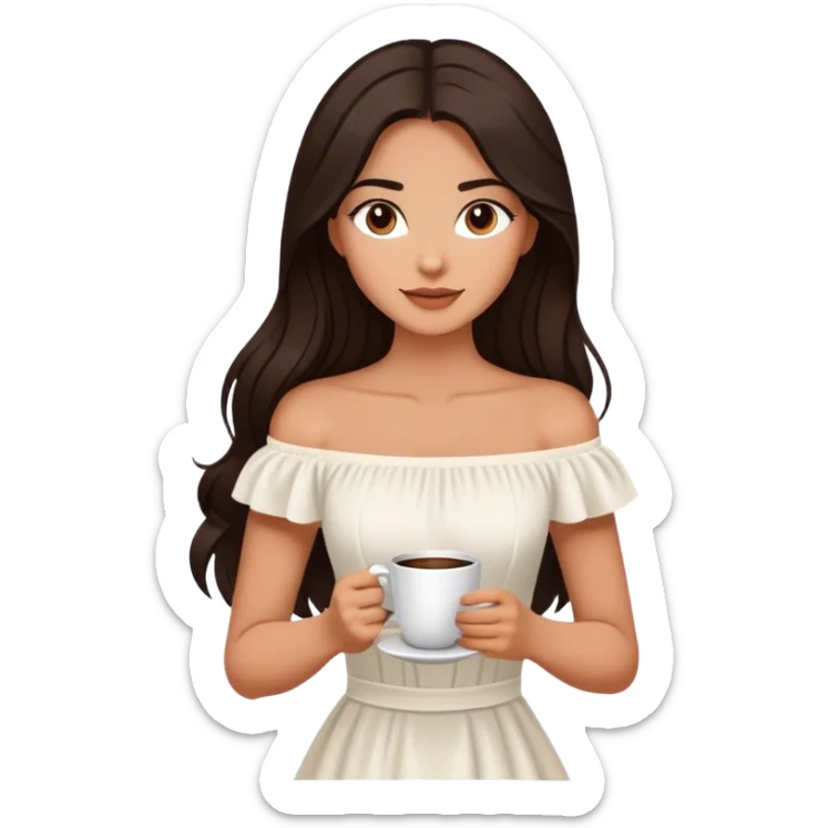 Beautiful woman in 1950’s woman fashion look, off-shoulder white dress, long dark brown hair, coffee sticker