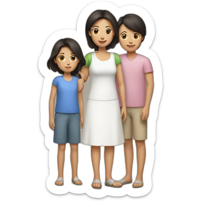 mother and 2 child with dark hair5 and white skin full length sticker