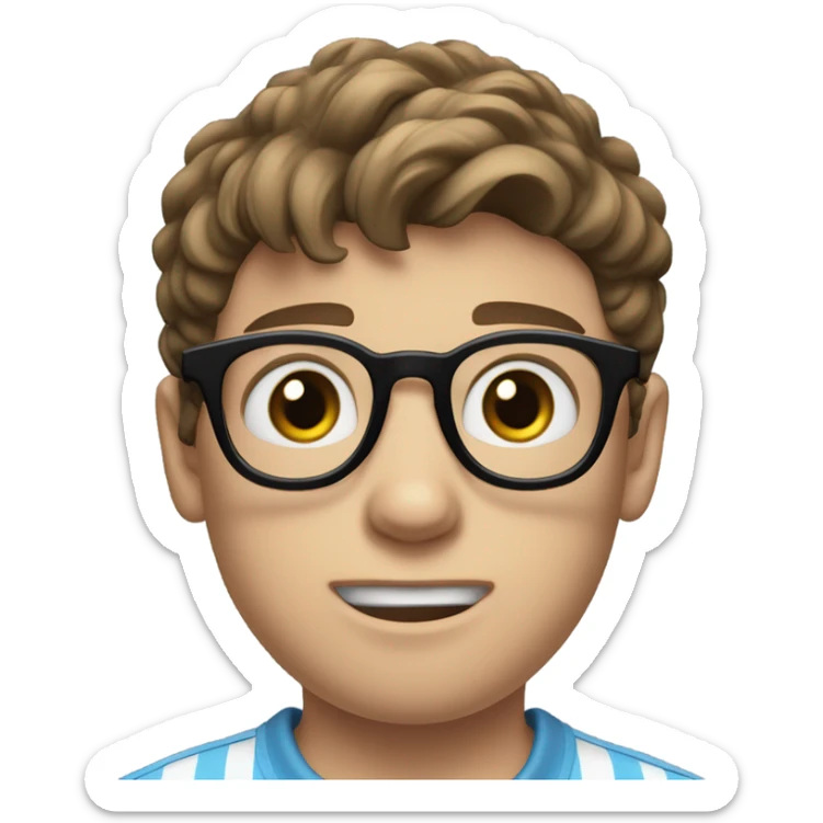 A shy teenage boy with tousled brown hair, large blue eyes, and thick black-rimmed glasses. He wears a light blue striped polo and has a white cast on his left arm. he's nervous sticker