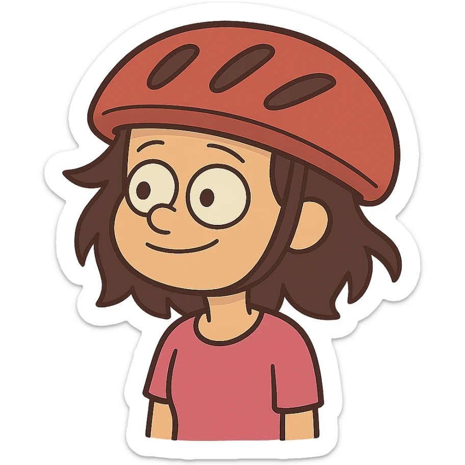 Change the girl's dress color to pink, keep the red bike helmet, no background. Maintain the cartoon style of the image. sticker