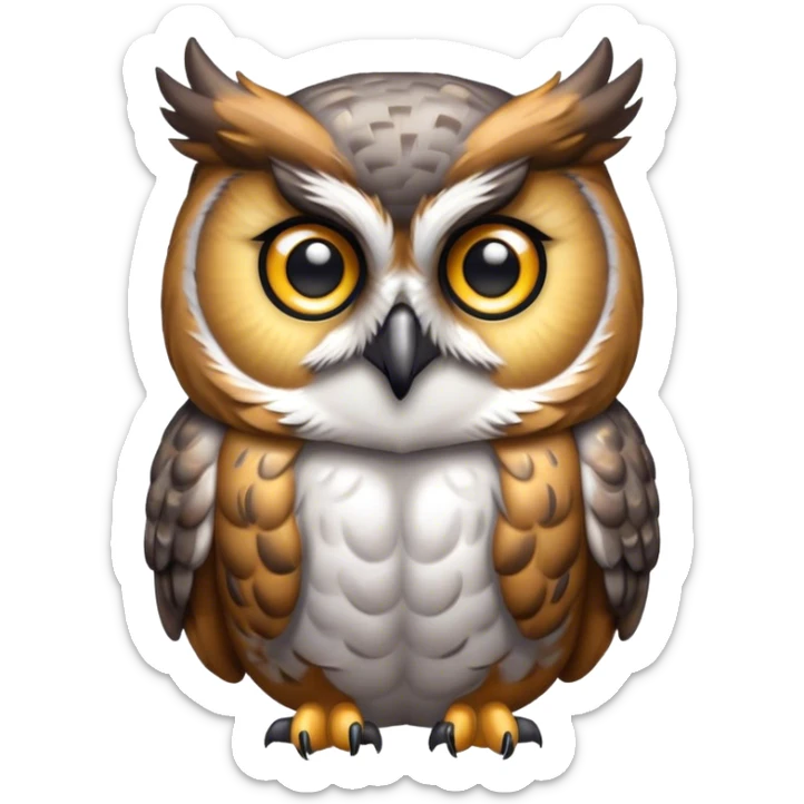 Cinematic Cute Great Horned Owl Portrait Emoji, Head tilted playfully and inquisitively, featuring a lush mottled Fur with intricate patterns of gray and white, round, sparkling golden eyes filled with curious wonder, Simplified yet irresistibly adorable features, highly detailed, glowing with a warm, friendly glow, high shine, affectionate and wise, stylized with a touch of nocturnal whimsy, bright and endearing, soft glowing outline, capturing the essence of a mischievous yet loving owl, so playful it feels like it could glide out of the screen and perch in your arms! sticker