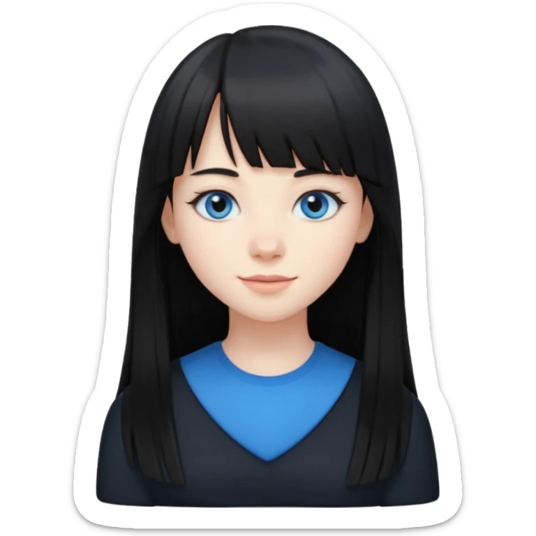 20 yr old woman long straight black hair, pale skin, blue eyes, black clothes, small smile, bangs sticker