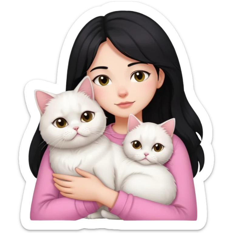 Black layered hair girl pink shirt snuggling one white Persian cat sticker