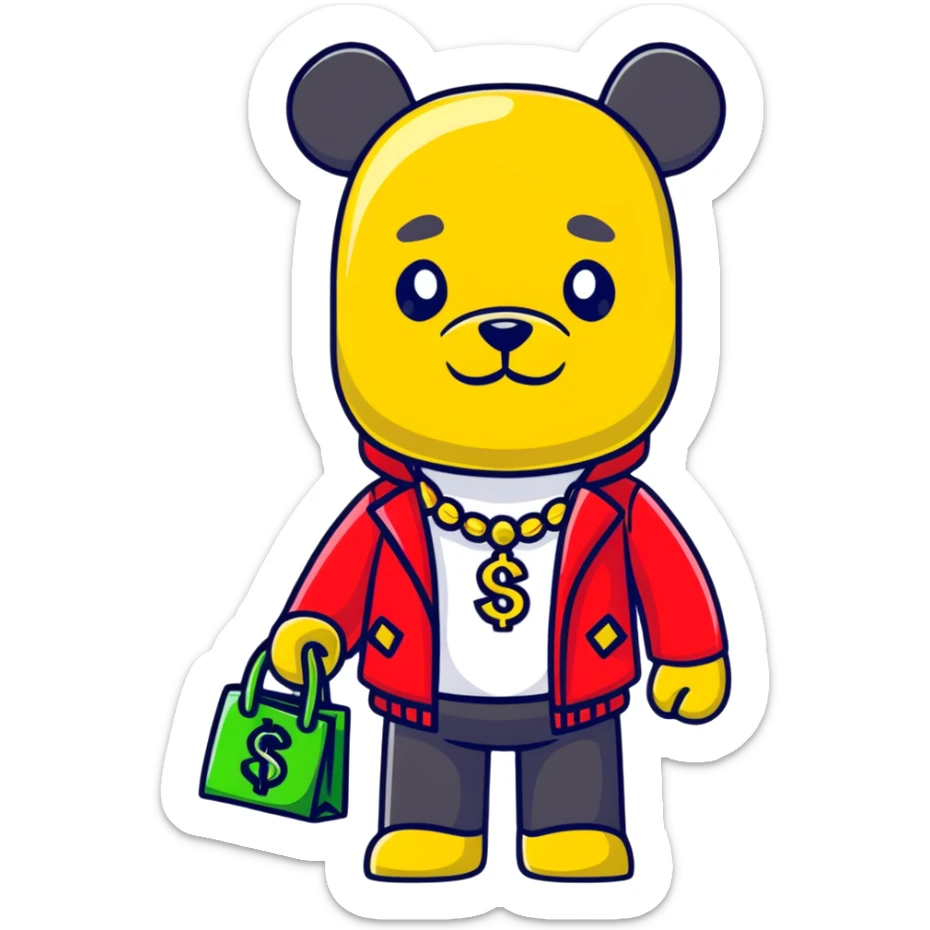 cool hustler bearbrick with money bag, luxury clothes, and bling jewelry sticker