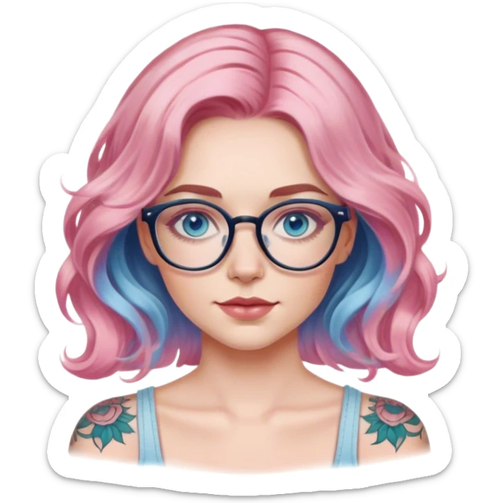  Hyper Realistic model, pale woman, pink wavy balayage hair, blue eyes and glasses, shoulder tattoo  sticker