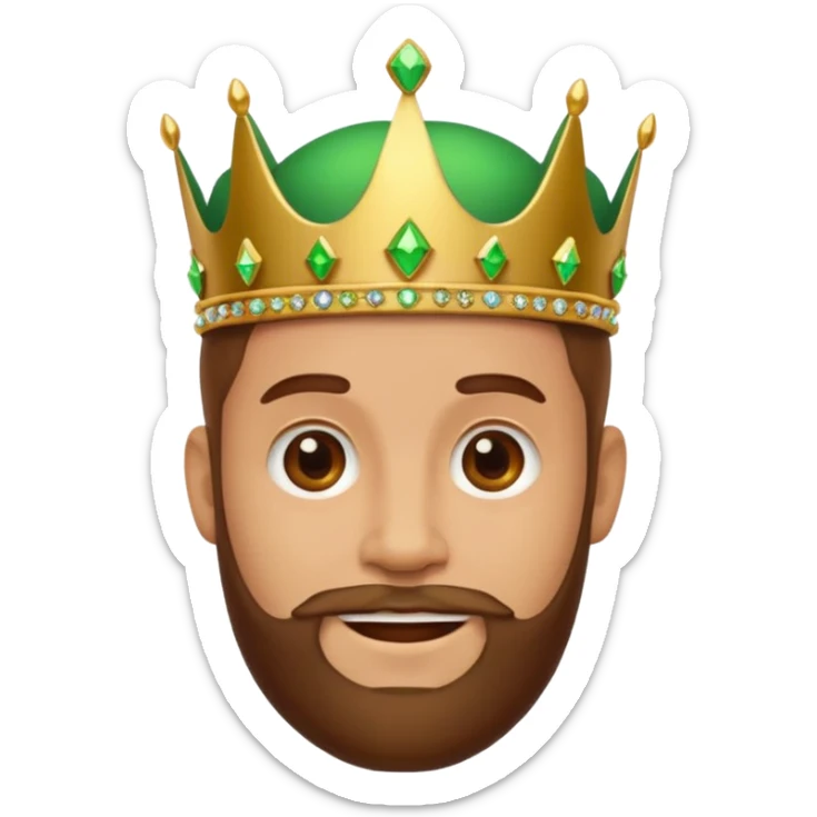 Create a cartoon-style emoji of Gaspar, one of the Three Wise Men. Only show his face and crown. He has a gentle smile, brown beard, and a green and gold crown with jewels. Make it colorful, simple, and suitable as an emoji. sticker