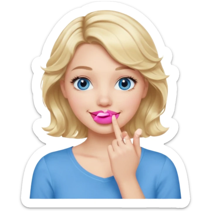 Girl Blonde short wavy hair,  blue eyes, cute blue top, long lashes, pink lips, smiling, hand over the mouth sticker