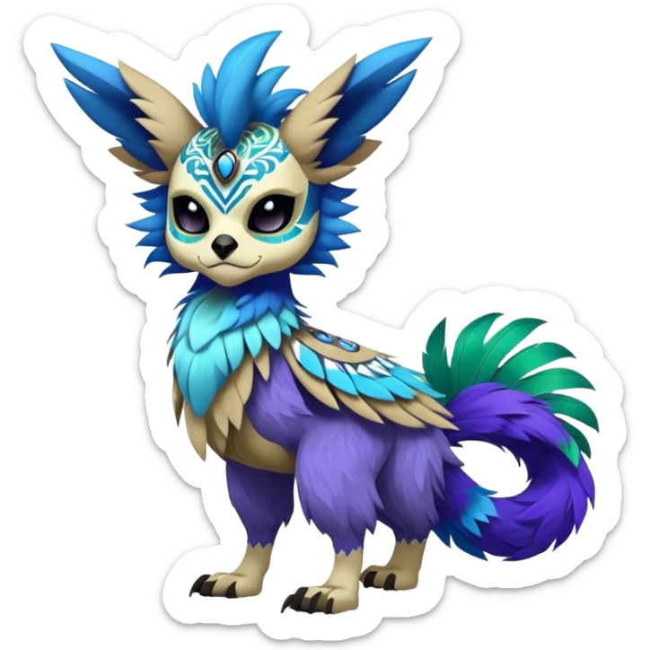 Furry cute colorful exotic tribal feral anime-styled Fakémon-Pokémon-animal-creature with a skull mask, and blue feathers around neck, and blue feathers, with long furry ears, long furry tail, 4 legs, (full body), with intricate pattern-markings  sticker