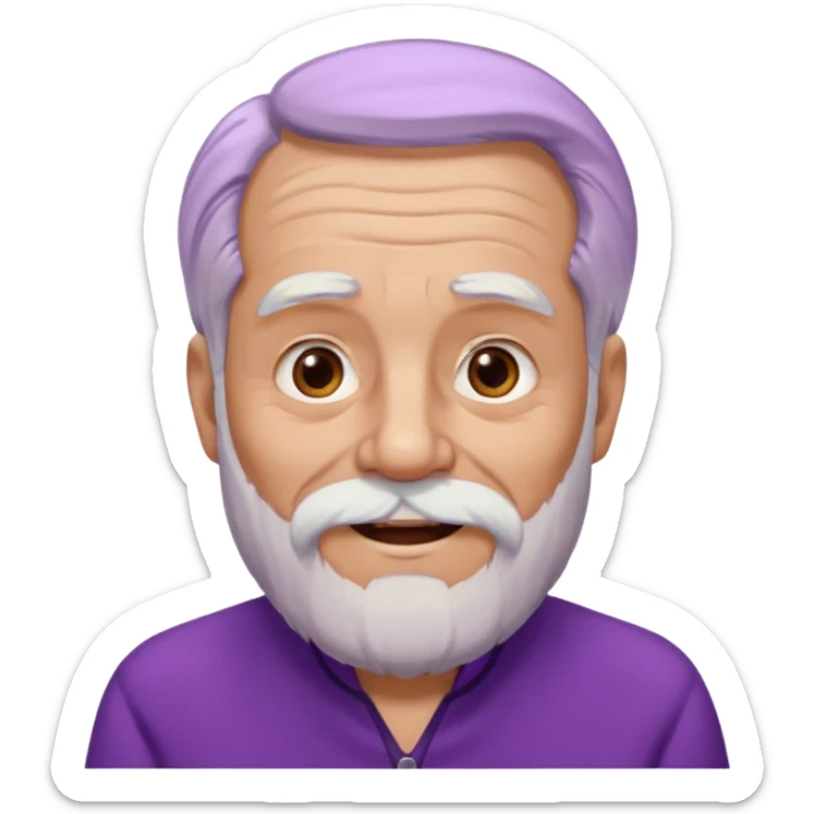 Abuelo hombre con ropa morada, ojos cafés, muchas arrugas, aspecto feliz, el pelo debe ser blanco no morado. sticker