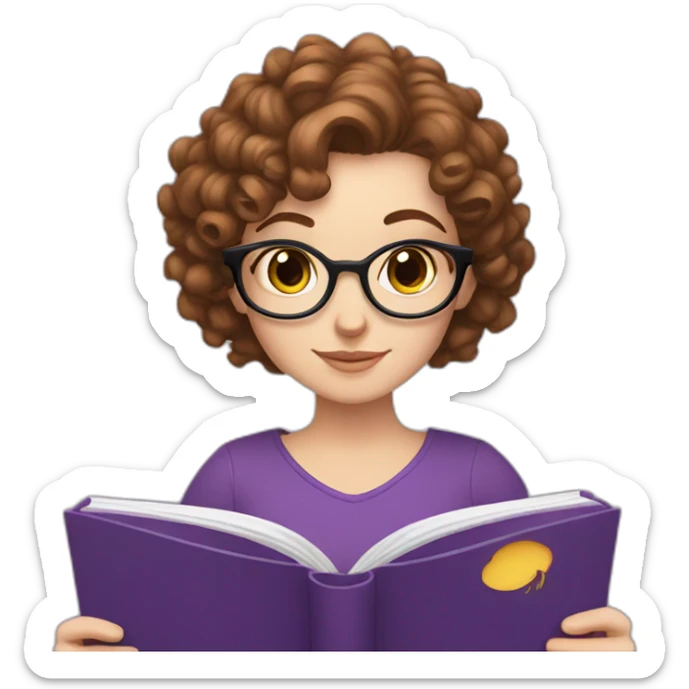 white girl without glasses and really short brown curly hair reading a purple book sticker