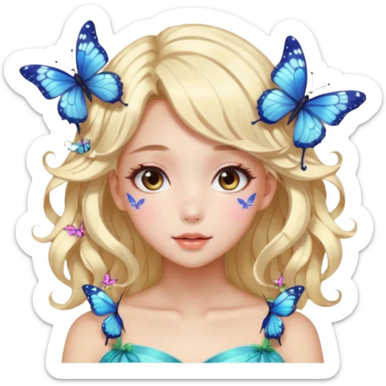 gorgeous shiny blushing anime lady with butterflies and beautiful hair fairycore high quality detailed vogue trending aesthetic sticker