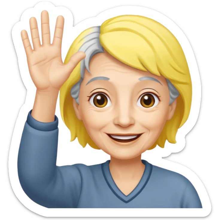old woman with gray and yellow hair smiling and waving her hand  sticker