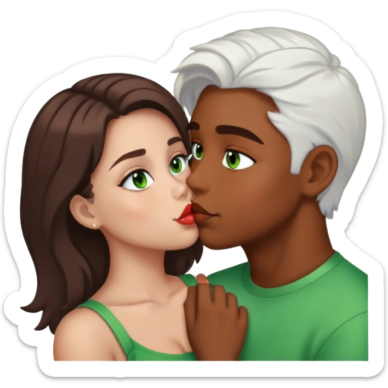 a girl with brown hair, brown eyes and plump lips kisses a boy with white hair and green eyes sticker