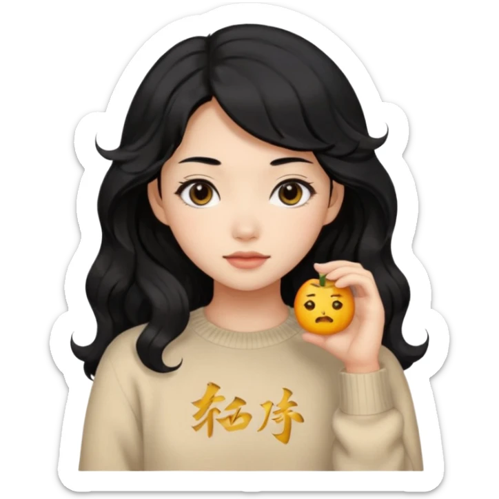 Beautiful girl,Black hair,wavy hair，long hair,Black eyes,Chinese, beige sweater  sticker