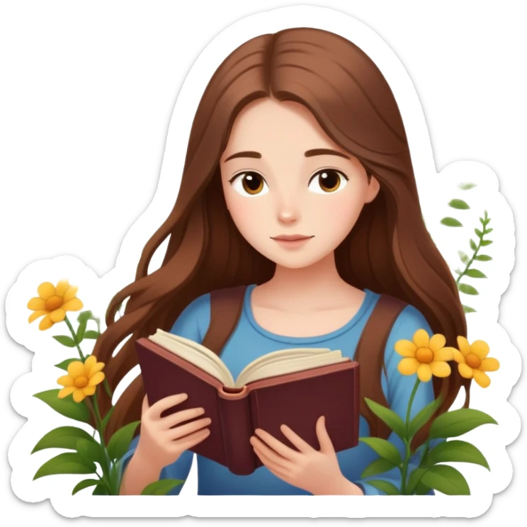 Girl with long brown hair reading a poetic book, surrounded by flowers and soft light elegant flowers  sticker